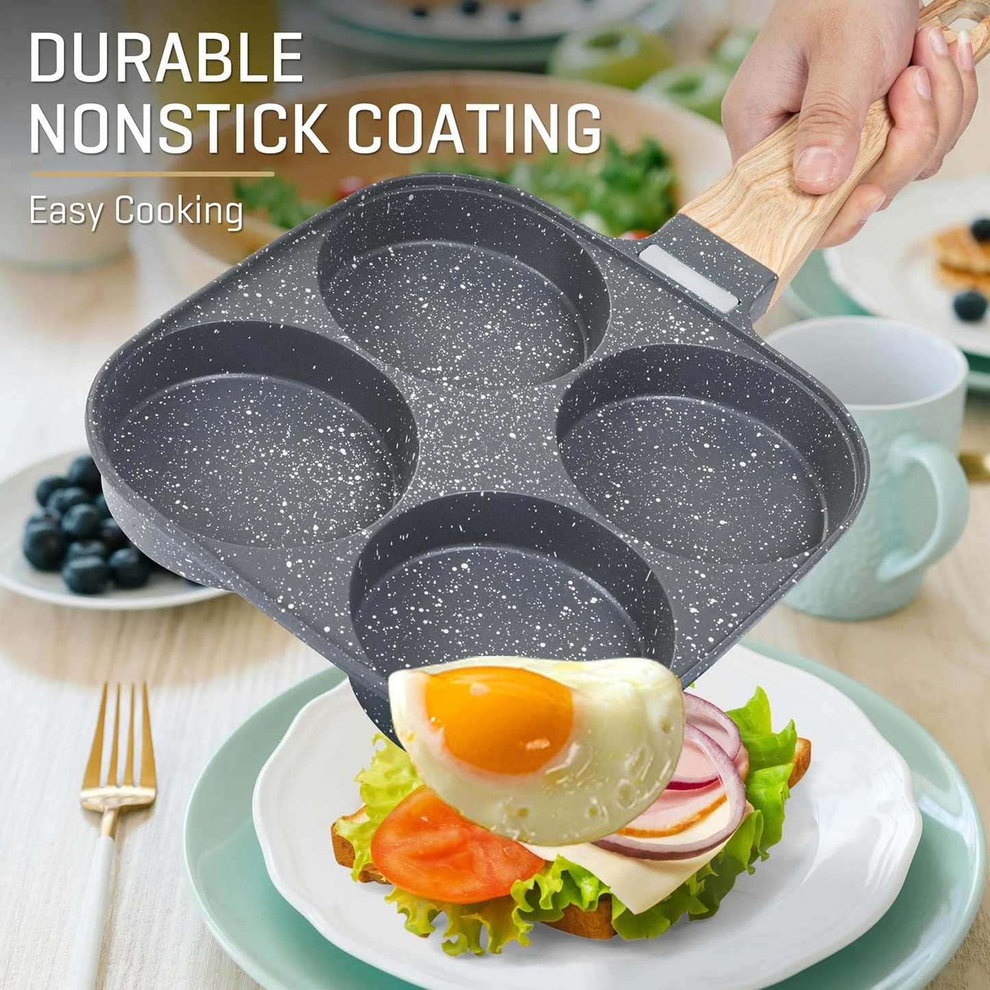 MyLifeUNIT 4-Cup Egg Frying Pan with Lid – Nonstick Aluminum Egg Cooker for Breakfast, Pancakes, Burgers & Sandwiches, Suitable for Gas & Induction Stoves