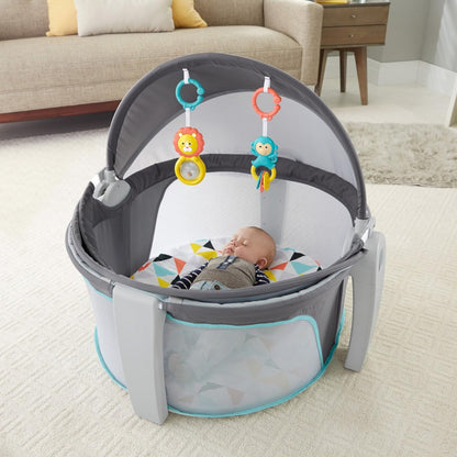Portable Baby Bassinet Dome – Travel Play Space with Canopy & Developmental Toys (Grey Bubbles)