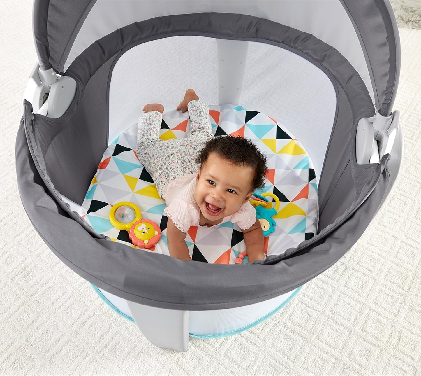 Portable Baby Bassinet Dome – Travel Play Space with Canopy & Developmental Toys (Grey Bubbles)