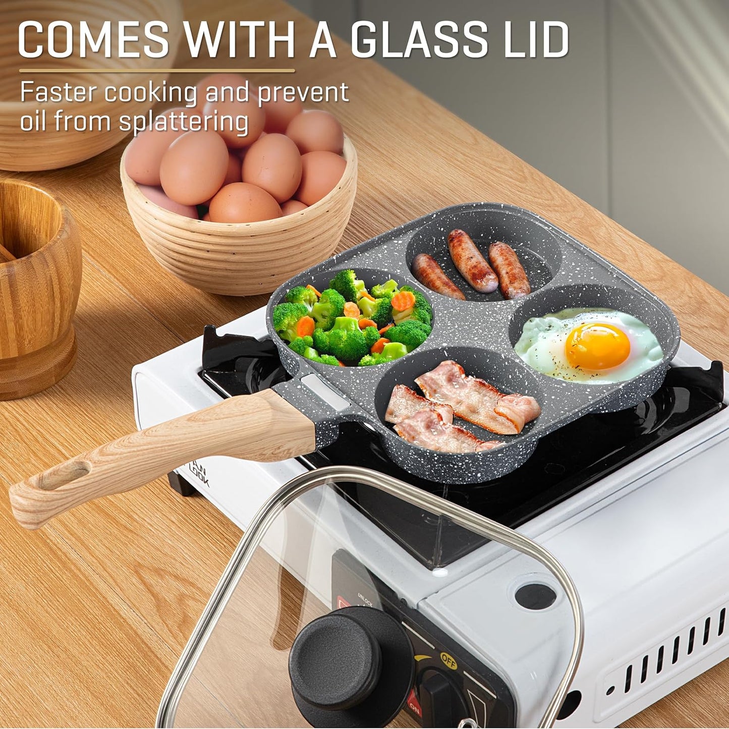 MyLifeUNIT 4-Cup Egg Frying Pan with Lid – Nonstick Aluminum Egg Cooker for Breakfast, Pancakes, Burgers & Sandwiches, Suitable for Gas & Induction Stoves