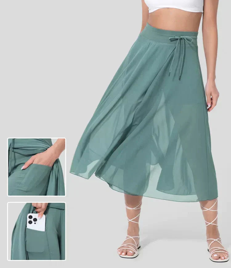 High Waisted Drawstring Contrast Mesh 2-in-1 Side Pocket Flowy Midi Flare Casual Skirt