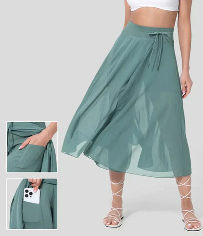 High Waisted Drawstring Contrast Mesh 2-in-1 Side Pocket Flowy Midi Flare Casual Skirt