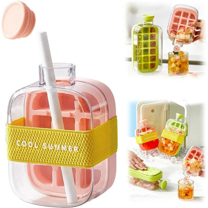 2 in 1 Touch-Free Ice Cube Making Bottle with Lid Straw and Bin Easy Ice