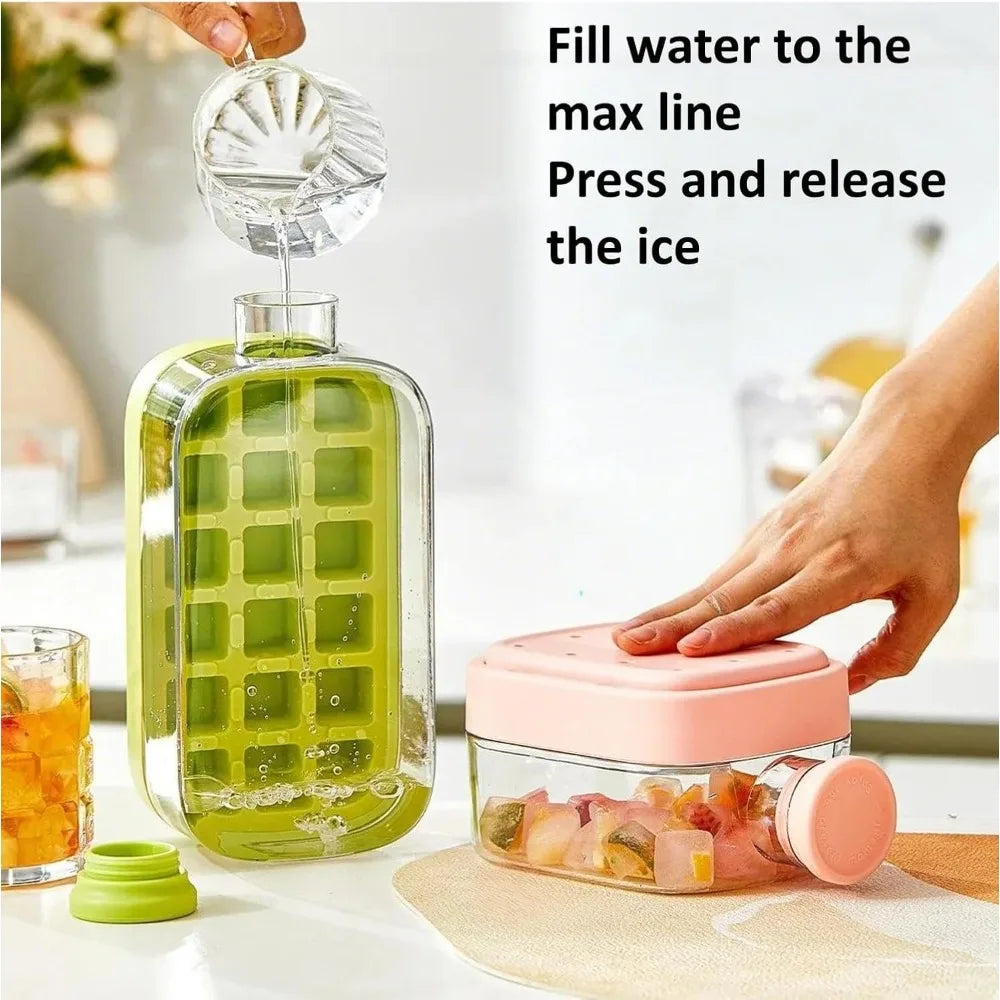 2 in 1 Touch-Free Ice Cube Making Bottle with Lid Straw and Bin Easy Ice