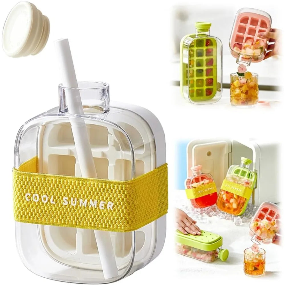 2 in 1 Touch-Free Ice Cube Making Bottle with Lid Straw and Bin Easy Ice