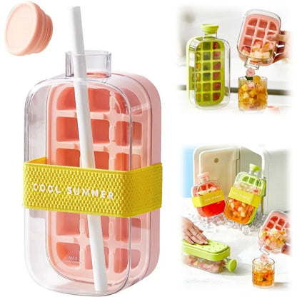 2 in 1 Touch-Free Ice Cube Making Bottle with Lid Straw and Bin Easy Ice