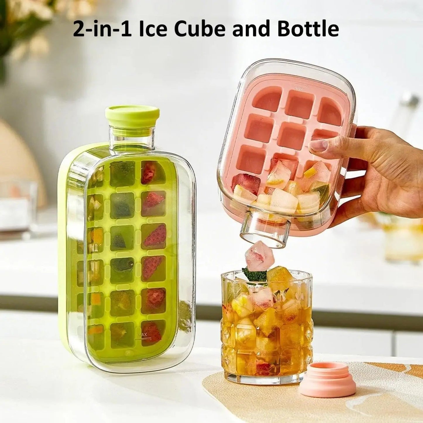 2 in 1 Touch-Free Ice Cube Making Bottle with Lid Straw and Bin Easy Ice