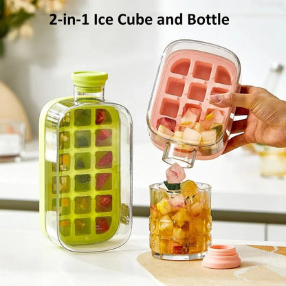 2 in 1 Touch-Free Ice Cube Making Bottle with Lid Straw and Bin Easy Ice