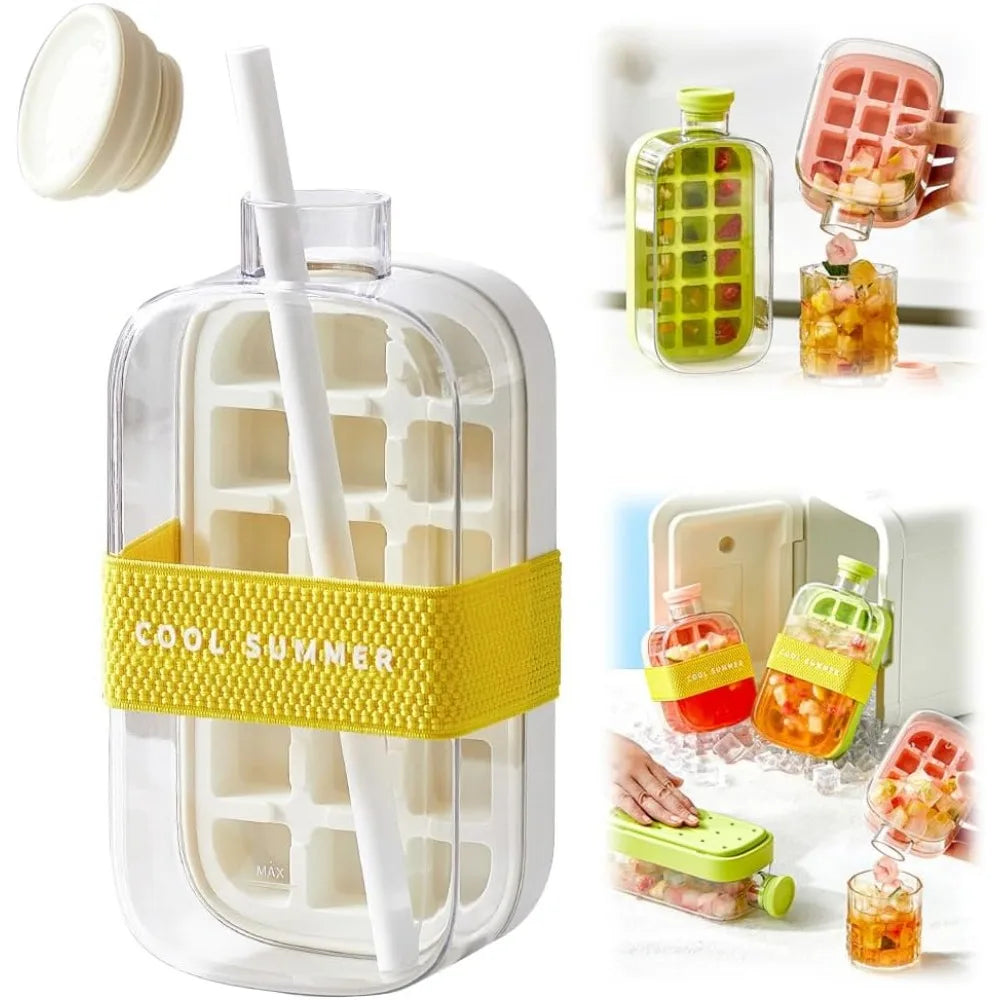 2 in 1 Touch-Free Ice Cube Making Bottle with Lid Straw and Bin Easy Ice