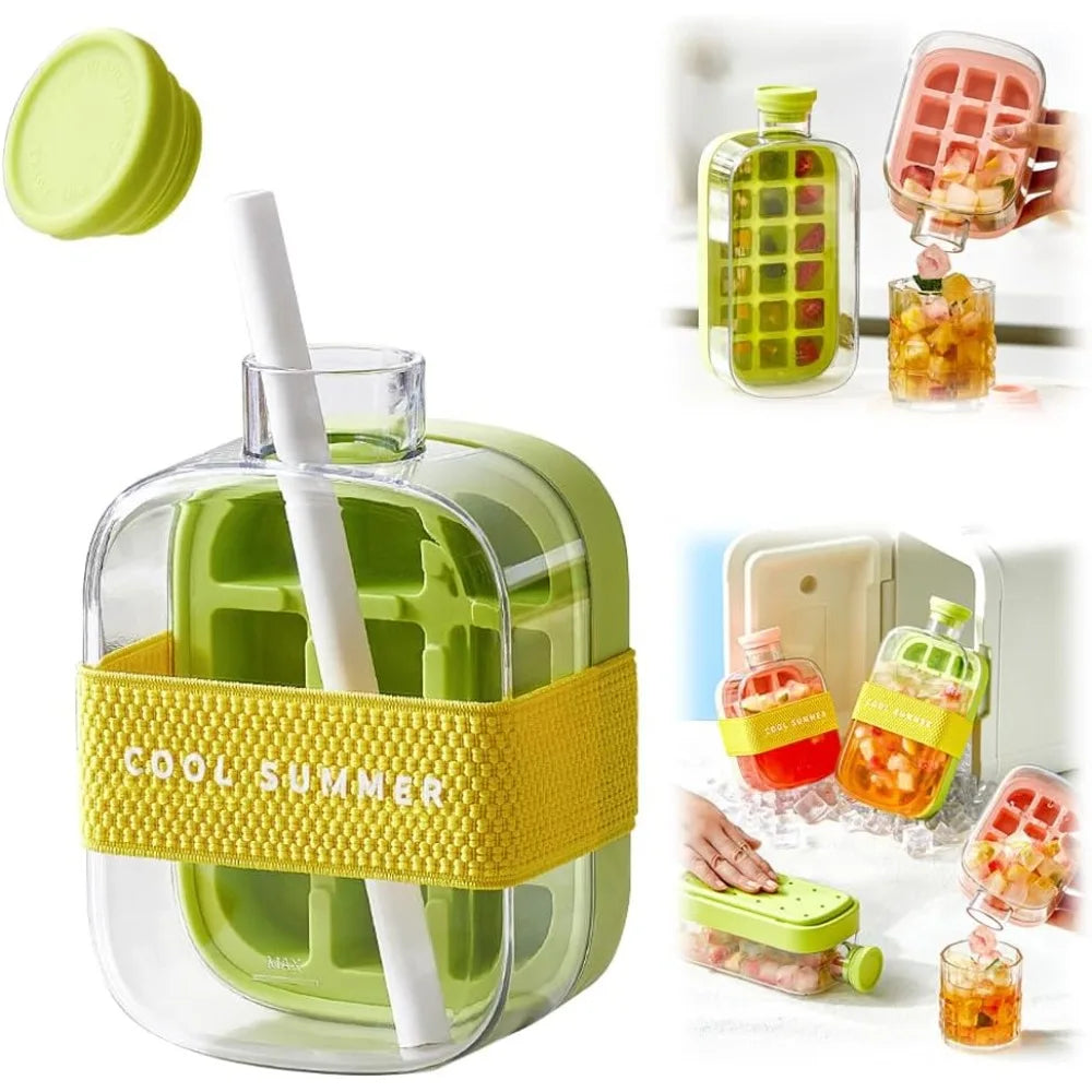 2 in 1 Touch-Free Ice Cube Making Bottle with Lid Straw and Bin Easy Ice