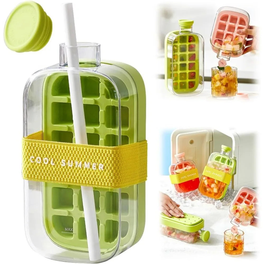 2 in 1 Touch-Free Ice Cube Making Bottle with Lid Straw and Bin Easy Ice