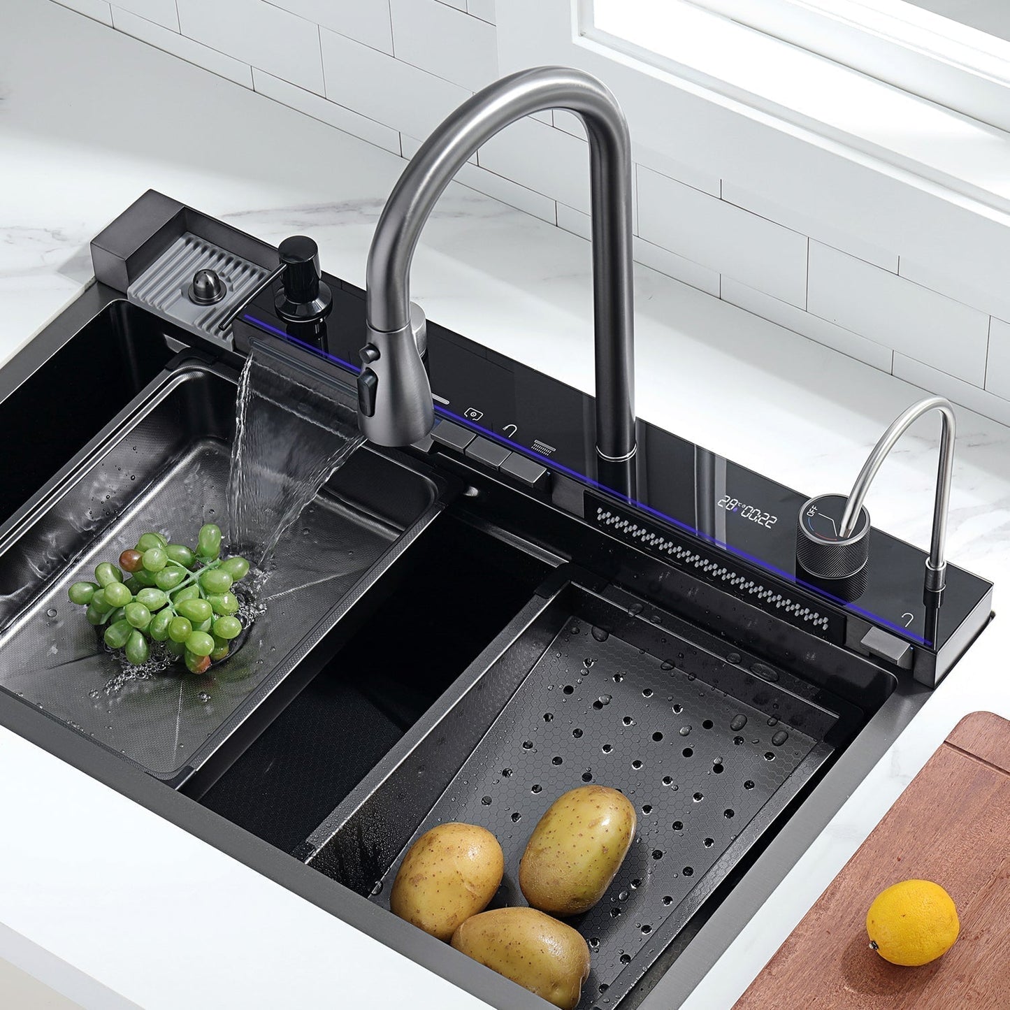 Two Waterfall Faucets Kitchen Sink with Digital Temperature Display & LED Lighting-KS2206