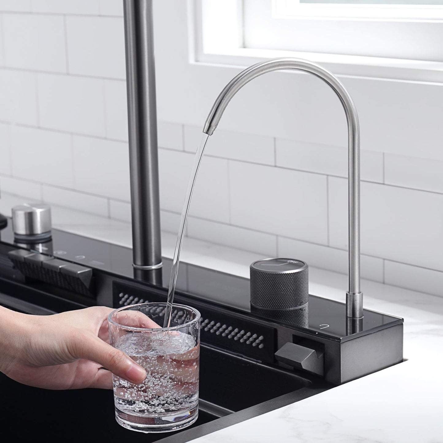 Two Waterfall Faucets Kitchen Sink with Digital Temperature Display & LED Lighting-KS2206