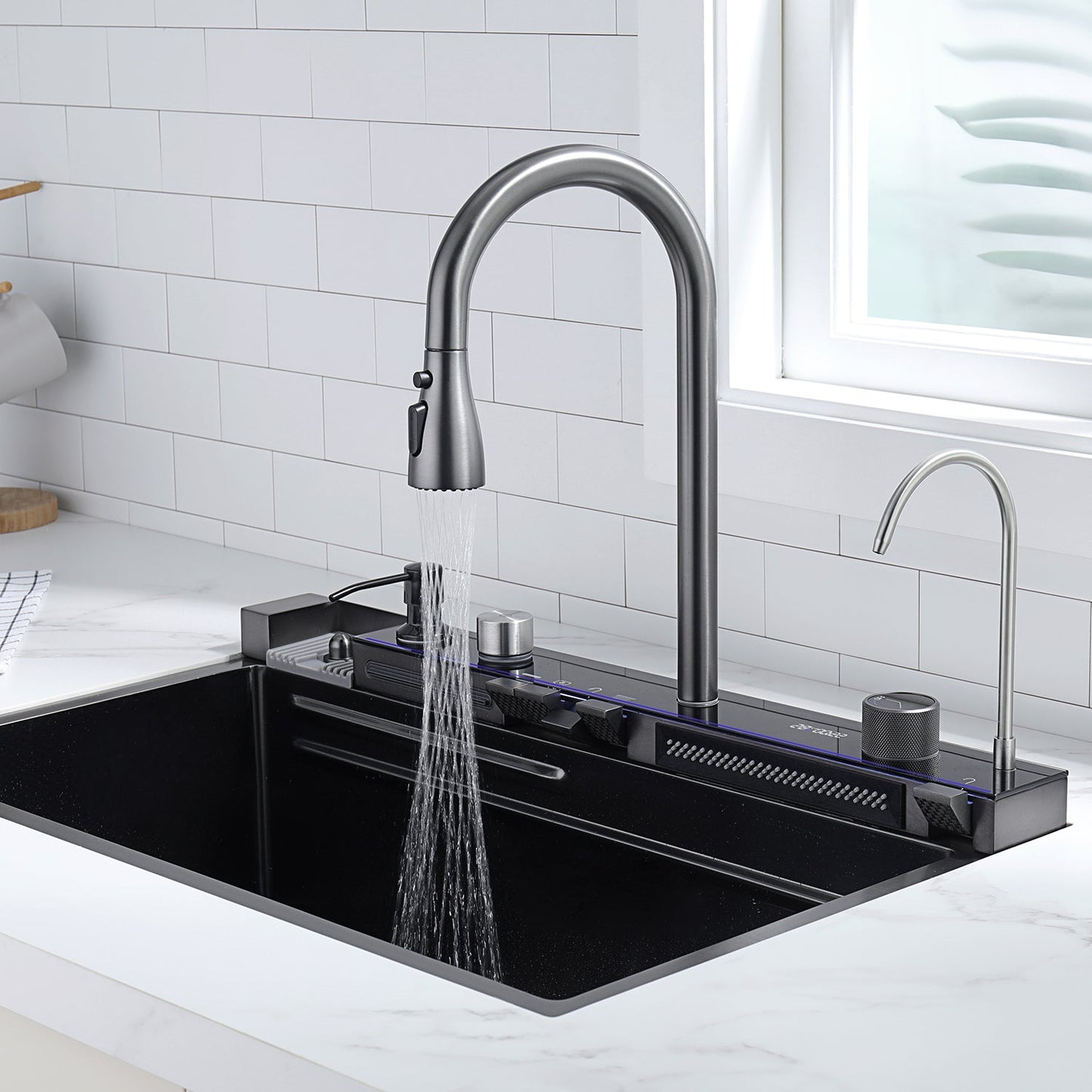Two Waterfall Faucets Kitchen Sink with Digital Temperature Display & LED Lighting-KS2206