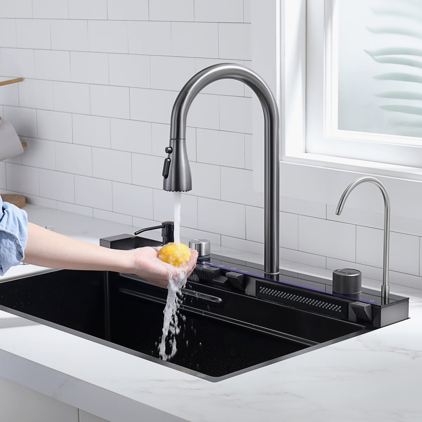 Two Waterfall Faucets Kitchen Sink with Digital Temperature Display & LED Lighting-KS2206