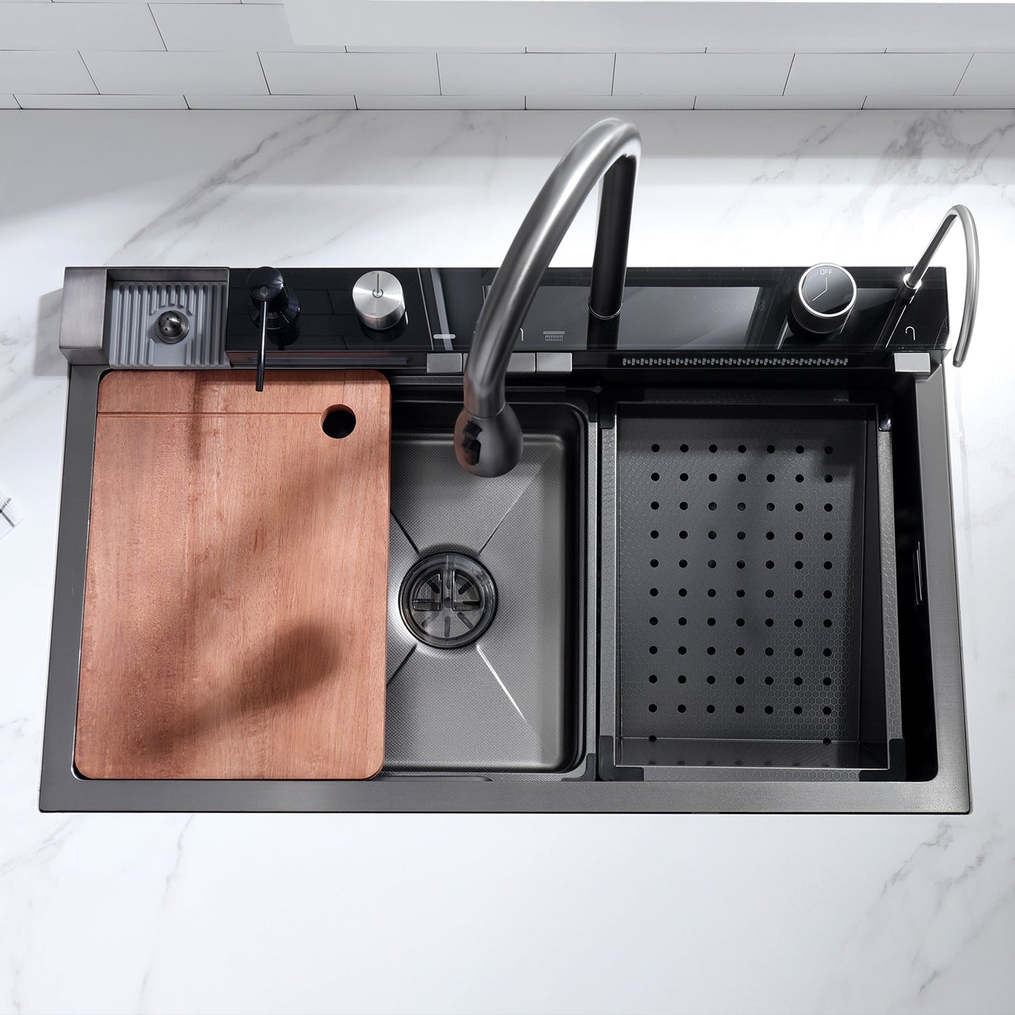 Two Waterfall Faucets Kitchen Sink with Digital Temperature Display & LED Lighting-KS2206