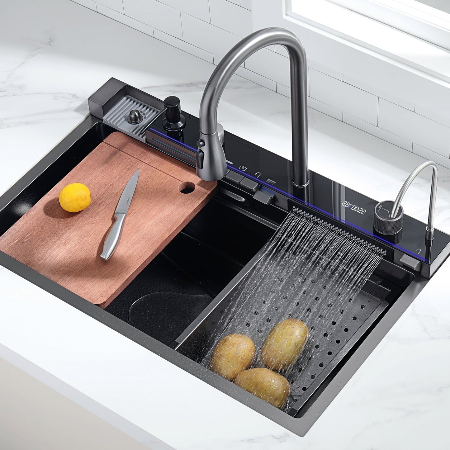 Two Waterfall Faucets Kitchen Sink with Digital Temperature Display & LED Lighting-KS2206