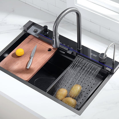 Two Waterfall Faucets Kitchen Sink with Digital Temperature Display & LED Lighting-KS2206