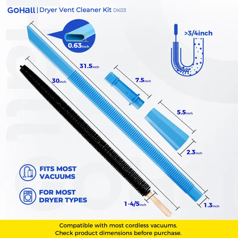 2-Piece Dryer Vent Cleaner Kit – Universal Vacuum Hose Attachment & Dryer Lint Brush with Stretch Connector, Quick Lint Removal Tool Compatible with All Vacuum Cleaners