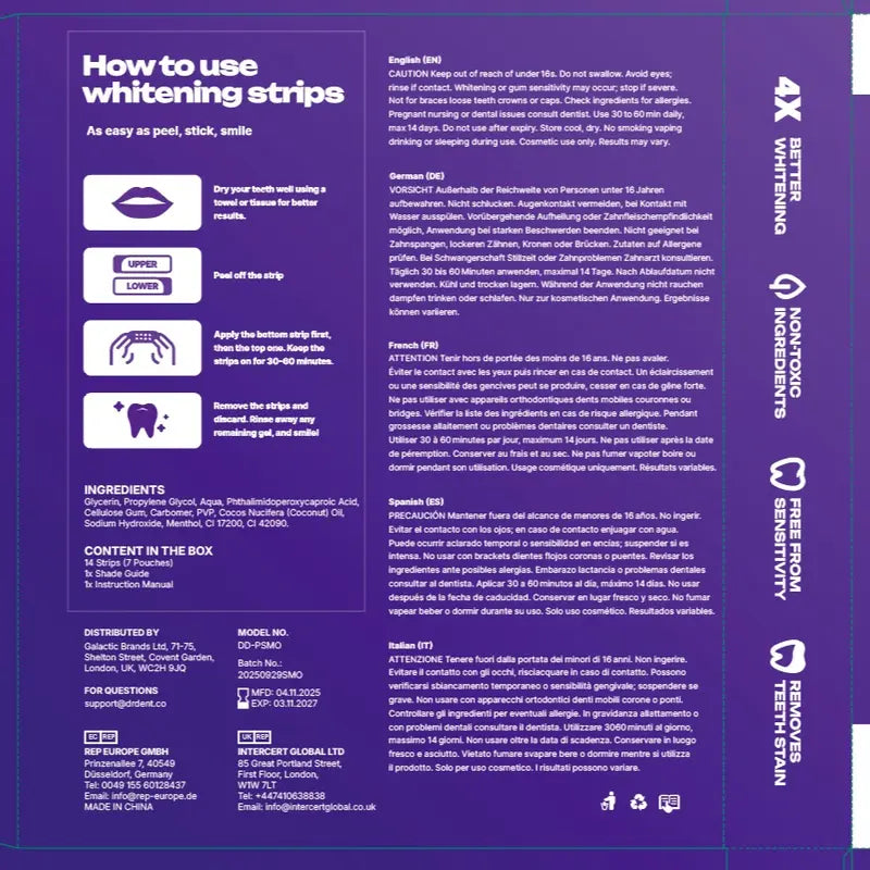 Purple Teeth Whitening Strips – 7 or 21 Sessions, Peroxide-Free, Enamel-Safe & Non-Sensitive Teeth Whitening