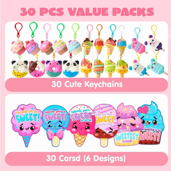 🔥Last Day 49% OFF - 💘🎁Valentine's Day 30pcs Cute Keychains with Card Exchange Gift for Kids