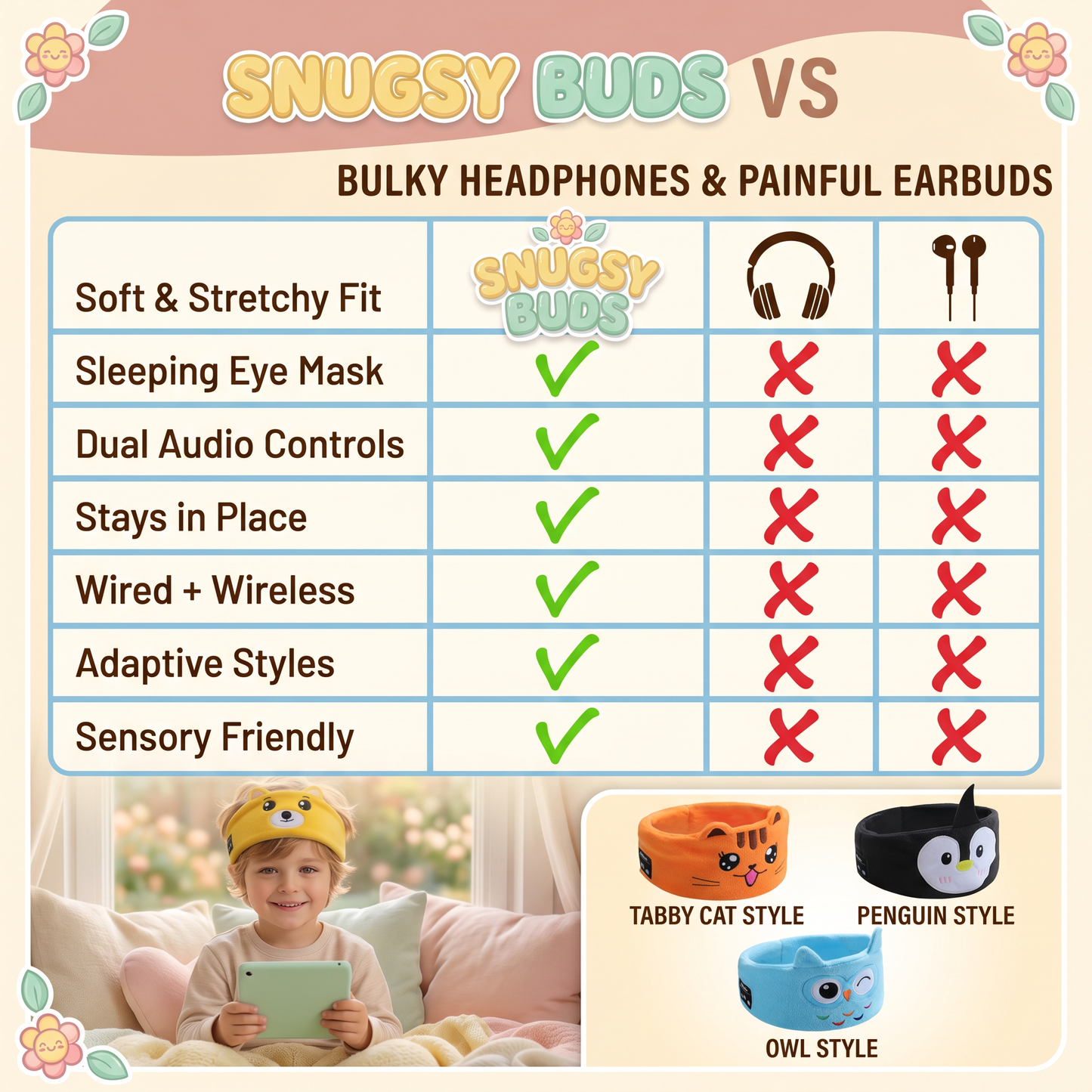 Kids Bluetooth Headband Headphones – Soft Sleep Mask Music Headwear