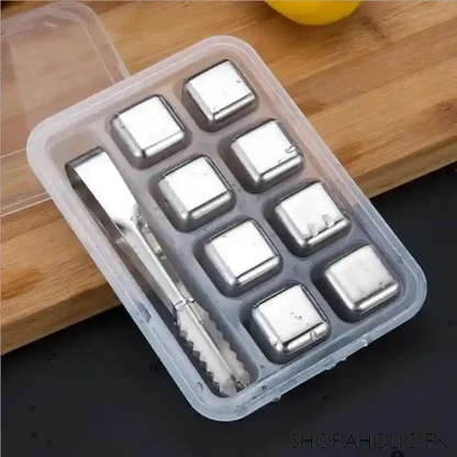 Set Of 8 Steel Ice Cubes With Clip