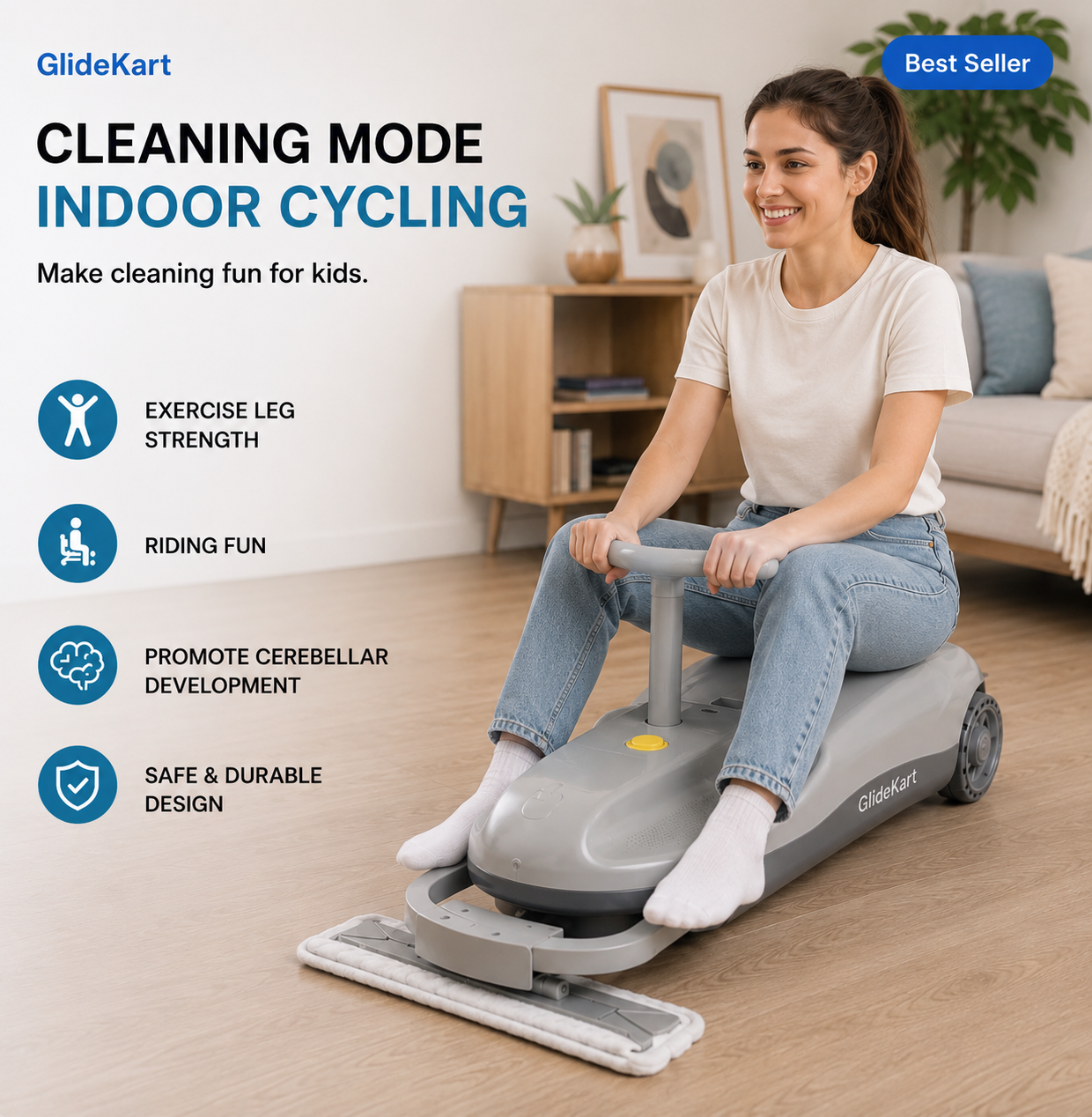 GlideKart  Electric Kids Go-Kart Ride-On Car with Cleaning Mop